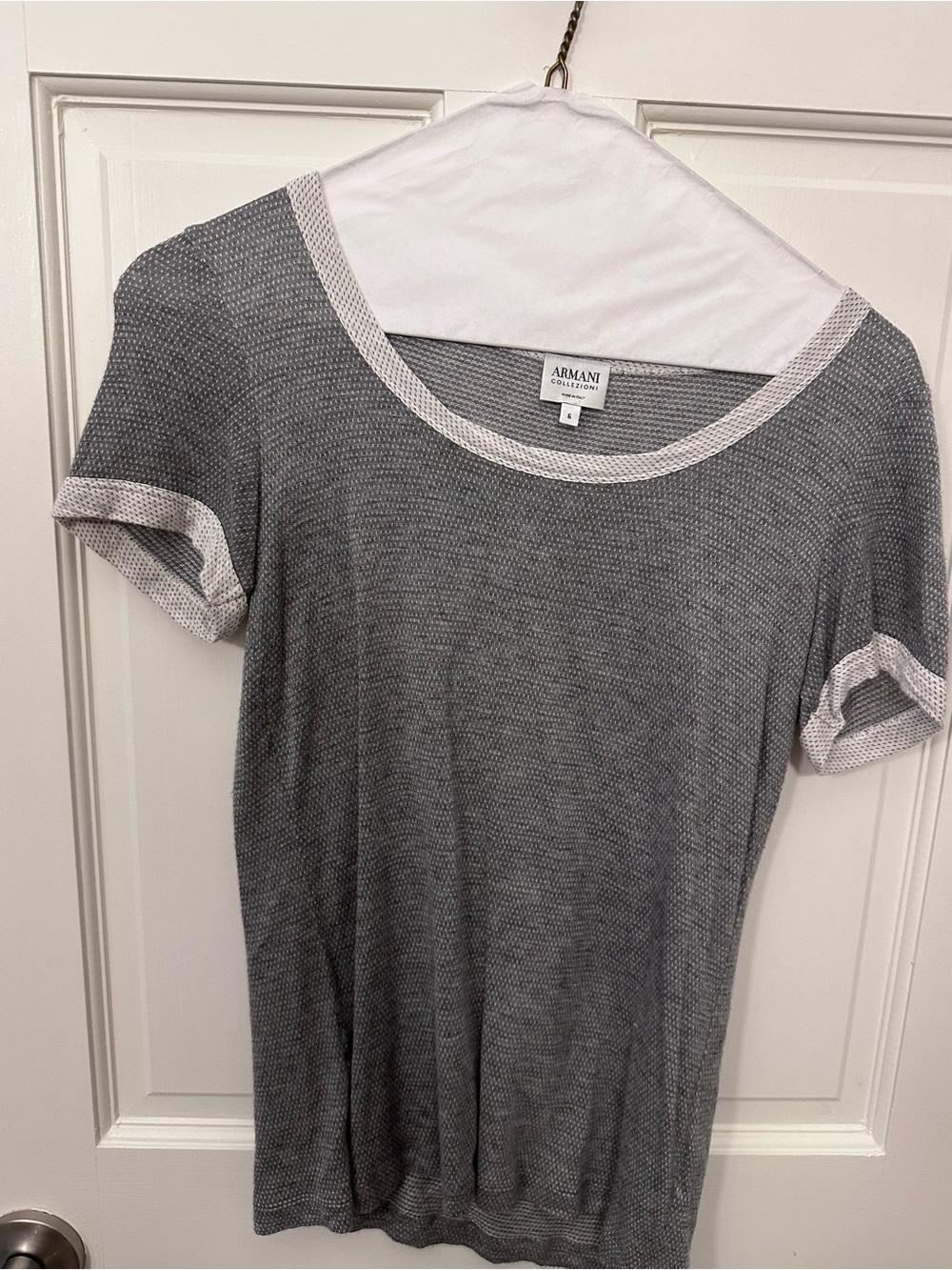 Armani Collezioni Gray and White Knit Short Sleeve Top